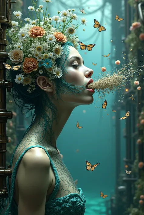 Create a Brine woman by getting butterflies and flowers out of her mouth in a steampunk universe 