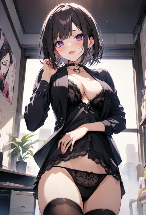 {Shoulder-length dark-haired woman 、Name is Rico },   business suit , tall ,「 short hair」,love struck,Nasty lips, ( I feel like saying hello,  daytime time ),  indoor,{Outing style }, (( heart choker) ), ( office room ),  light background,purple eye, eyeの下...