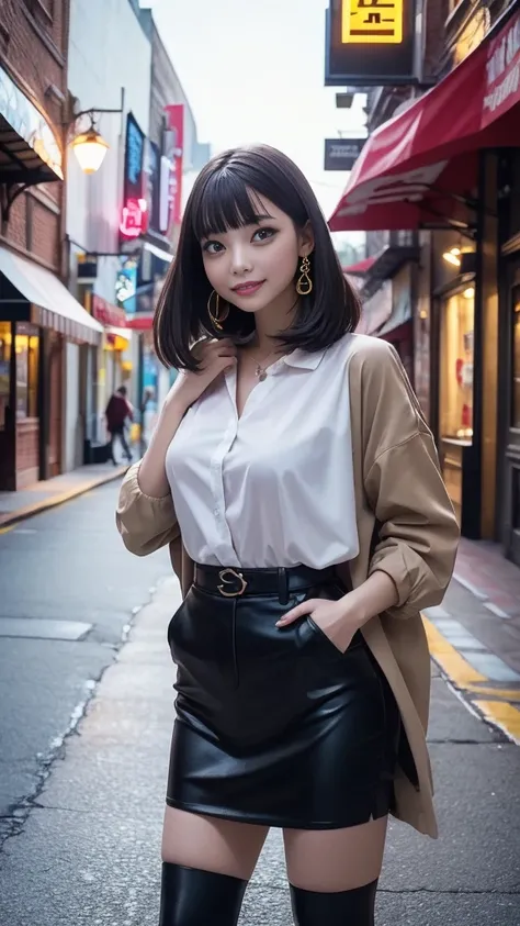  oversized tailor jacket with an open front、layered skirt、tights、 stiletto boots、 Straight Medium Hair 、 Gold、 Natural Wave 、Messy bangs、Flowing bangs、 blue eyes、Medium breast、Earrings、Inviting face、Seductive face、 smile、Blushing face、square bag、Broadway、 ...