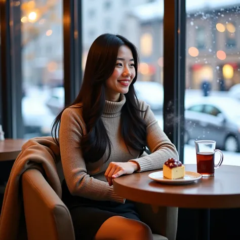 A photograph of a Japanese woman enjoying a conversation at a stylish café in winter. She has sleek, long, glossy hair, exuding an elegant and mature aura. With a gentle smile, she appears relaxed and engaged in conversation.

She wears a stylish knit swea...