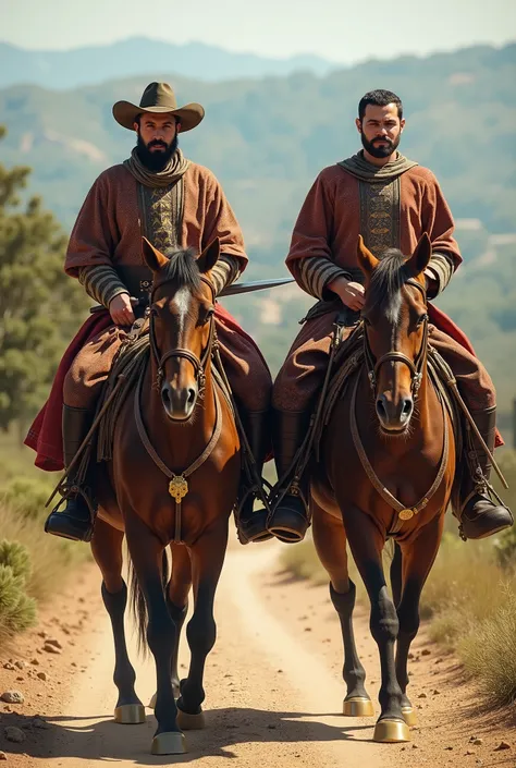  creates a real image of two Spanish men on horseback,  one with the sword to the waist ,  on a road in 1526  , In the laszio .  dirt road . Both are on horseback