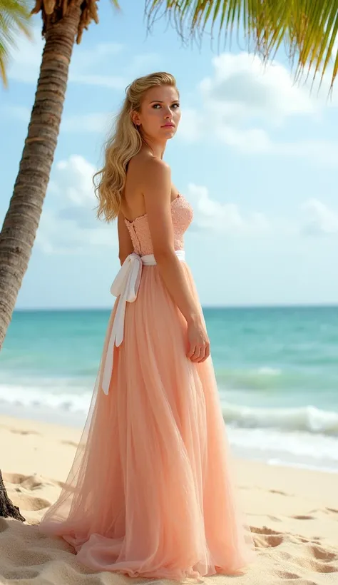 Breathtaking medium shot photography of ohwx,  young woman standing on a sandy beach next to a palm tree. She is wearing a long peach wedding dress with a sweetheart neckline and a flowy skirt. The dress is cinched at the waist with a white ribbon tied aro...