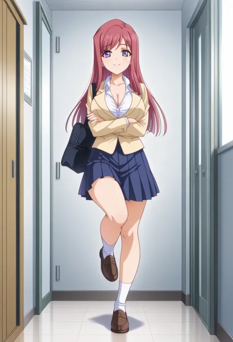 safe_pos, kanazakisayaka, sayaka, 1girl,solo, long hair, purple eyes, red hair, large breasts, school uniform, cleavage, yellow jacket, white shirt, pleated skirt, blue skirt, white socks, brown mary jane, mary jane shoes, bag,

indoors, school, gray walls...