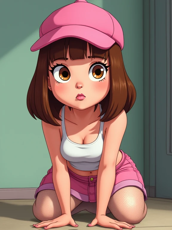 Meg Griffin ,  Brown hair,  brown eyes, pink hat, View below, looks at the viewer ,  leaned forward  , in full height,pink denim skirt,crop top , stockings