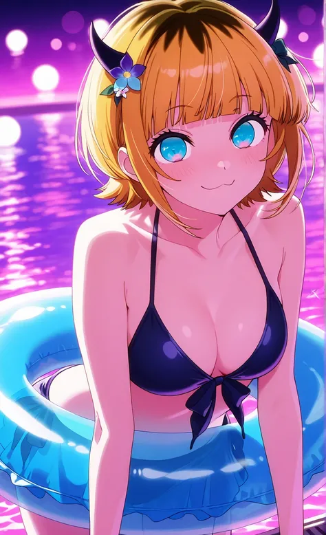 MEMcho、short hair, two-tone hair, blonde hair, brown hair, blunt bangs, blue eyes, black hornssmile,,smile,,smile,, BEST QUALITY OFFICIAL ART SMILE,,(1girl bikini ocean watersplash bubble Swim ring）best quality ( best quality )、(Nonsense)、( very detailed)、...