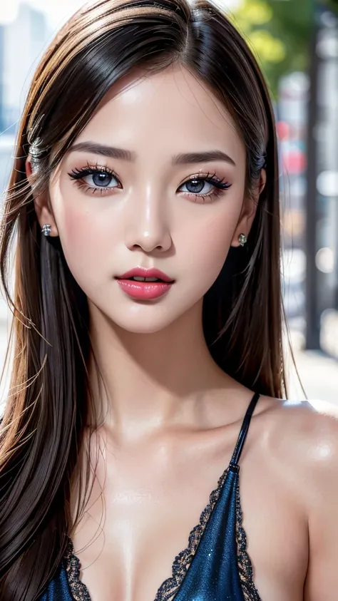 （8K， RAW photos， best qualtiy， tmasterpiece：1.2)，（realisticlying， photograph realistic：1.4)，(detailed street:1.4), The ultra -The high-definition、high high quality， highdetailskin，(beautiful 20 years old 1 girl:1.2), evening gown, (large breasts:1.25), (sm...