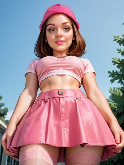 Meg Griffin ,  Brown hair,  brown eyes, pink hat, View below, looks at the viewer ,  leaned forward  , in full height,pink denim skirt,crop top , stockings