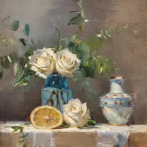 ( Masterpiece ,  Best quality ,  high definition,   lighting is very detailed:1.2),  complex background, still life,  Rule of Thirds , vintage oil painting depicting an azure rose in a porcelain vase on a rough wooden table