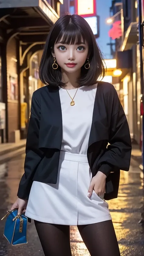  oversized tailor jacket with an open front、layered skirt、tights、 stiletto boots、 Straight Medium Hair 、 Gold、 Natural Wave 、Messy bangs、Flowing bangs、 blue eyes、Medium breast、Earrings、Inviting face、Seductive face、 smile、Blushing face、square bag、Broadway、 ...