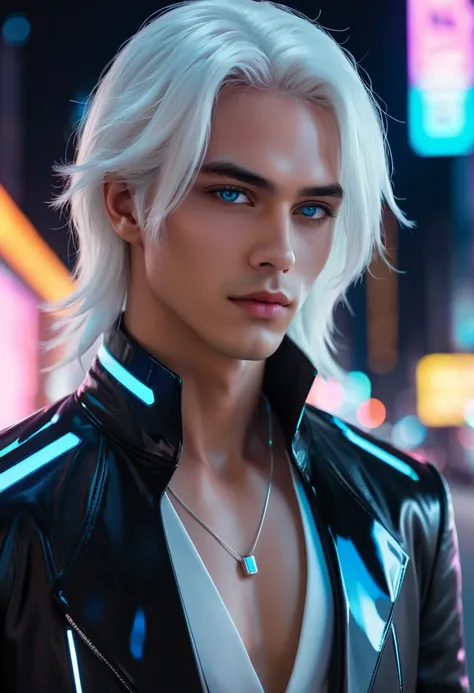 sexo:masculino. BL anime-style version of Kami, the futuristic AI hologram character do sexo masculino. He has an impossibly handsome and seductive appearance, with striking neon blue eyes that glow with intensity. His long, silky white hair flows elegantl...