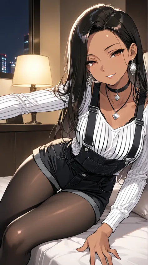 1Girl, Mature, African American, Dark Skin, Jet Black Straight Hair, Long Hair, Shiny Hair, Medium Chest, Black And White Stripes Long Sleeved-Shirt, Exposed Black Bra, Black Tight Shortalls, Black Pantyhose, Black Choker Necklace, Looking At Viewer, Bored...