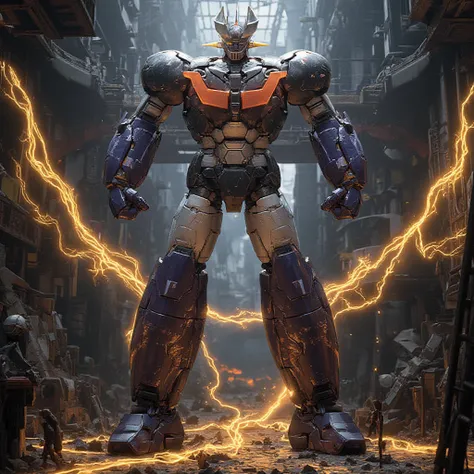  、 modified Mazinger Z standing 100 meters high in front,  A very realistic version of the   .    is constructed with modern materials such as steel  ,    Carbon Fiber   ,    Other industrial elements are also visible   ,   Just like the real thing   ,    ...