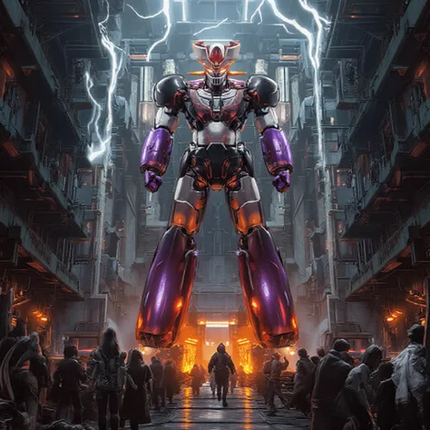  、 modified Mazinger Z standing 100 meters high in front,  A very realistic version of the   .    is constructed with modern materials such as steel  ,    Carbon Fiber   ,    Other industrial elements are also visible   ,   Just like the real thing   ,    ...