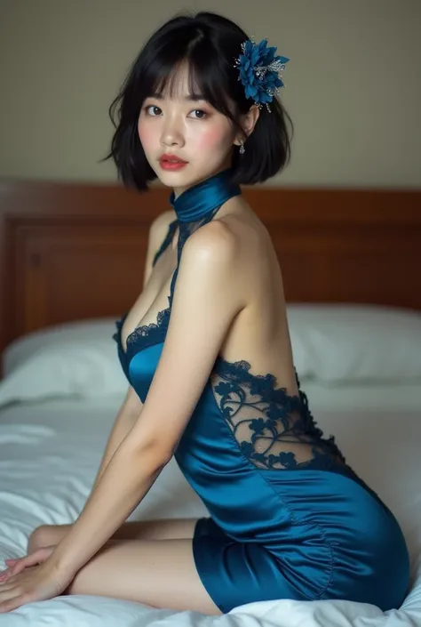 Beautiful Asian woman, 18 years.
Open chest, no buttoned shirt, Very large chest, size 45 inches,

A young Asian woman, positioned in the mid-right portion of the image, is seated on a bed. She is dressed in a stylized,  deep blue, silk-like,  cheongsam-st...