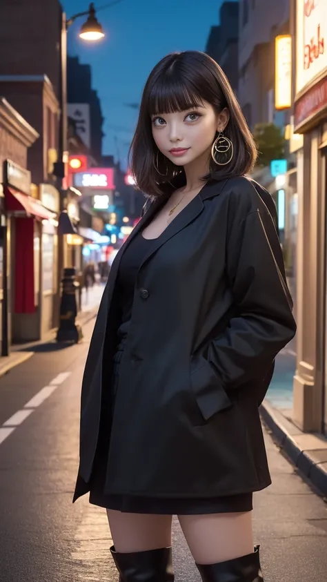  oversized tailor jacket with an open front、layered skirt、tights、 stiletto boots、 Straight Medium Hair 、 Gold、 Natural Wave 、Messy bangs、Flowing bangs、 blue eyes、Medium breast、Earrings、Inviting face、Seductive face、 smile、Blushing face、square bag、Broadway、 ...