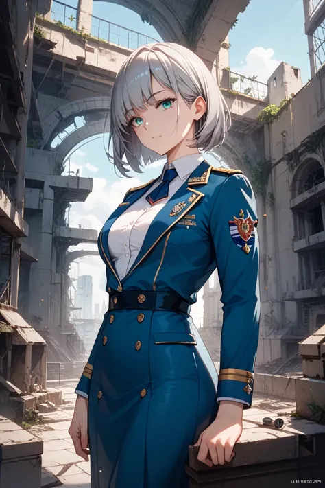 ((anatomically correct)),((masterpiece)),19 years old,nsfw,one woman,midnightblue military or naval uniform,dress shirt,standing,tiny breasts,whole body,gleaming skin,muscular,beautiful face,slanted eyes,cool face,stern expression,bob hair,darkslategray ha...