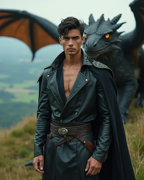  A young man with black brown leather clothes shoulder-free ,  muscular,Traummann perfect facial features, standing on a hill below you can see fields, Forest,See, Land behind him is a huge dragon with wings and yellow eyes,Makante's Cheek ,Impressive man ...