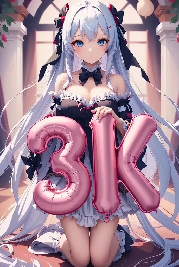 Big colorful letter-shaped balloon saying "Thank you for 3K [favorite]", (((Pixel perfect, perfect in every detail))), Very beautiful anime illustration, Cute, Detailed, Looking at viewer, Looking away from camera, Showing full body, ((Front:1.1), Facing f...