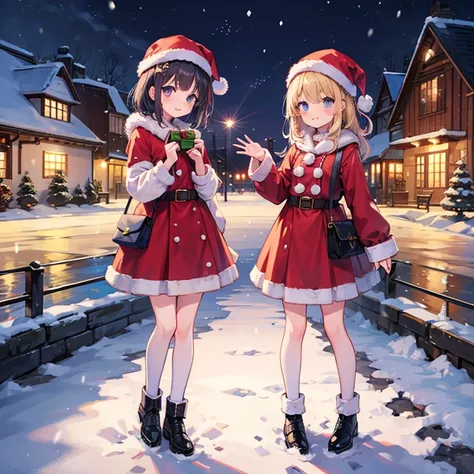 2 girls, santa dress, full body, standing, christmas, snow