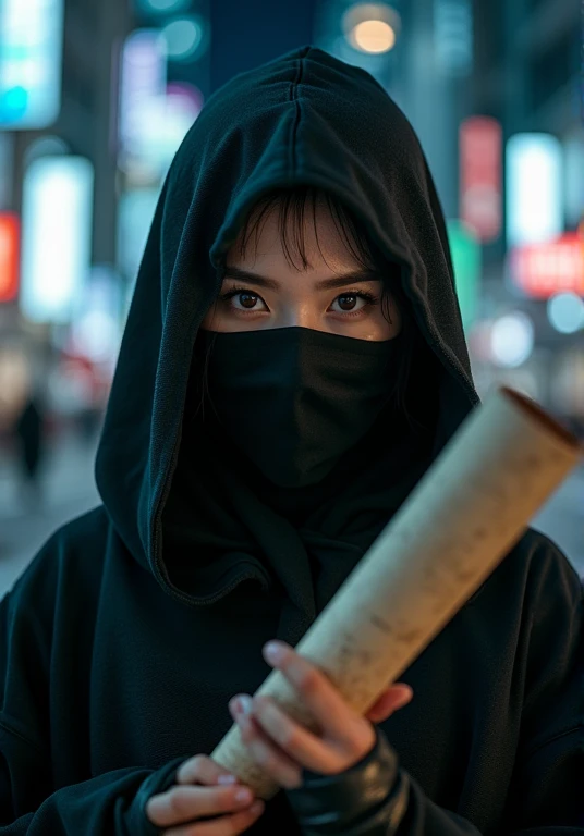  (((Female ninjas in the Edo period))),  (((The background is a modern metropolis ))), (( perfectly beautiful 20-year-old Japanese female ninja)),  (((A mask only visible to the eye))), ((( upper body picture))), ((( Mad Max holding a shotgun))),　(((I have...