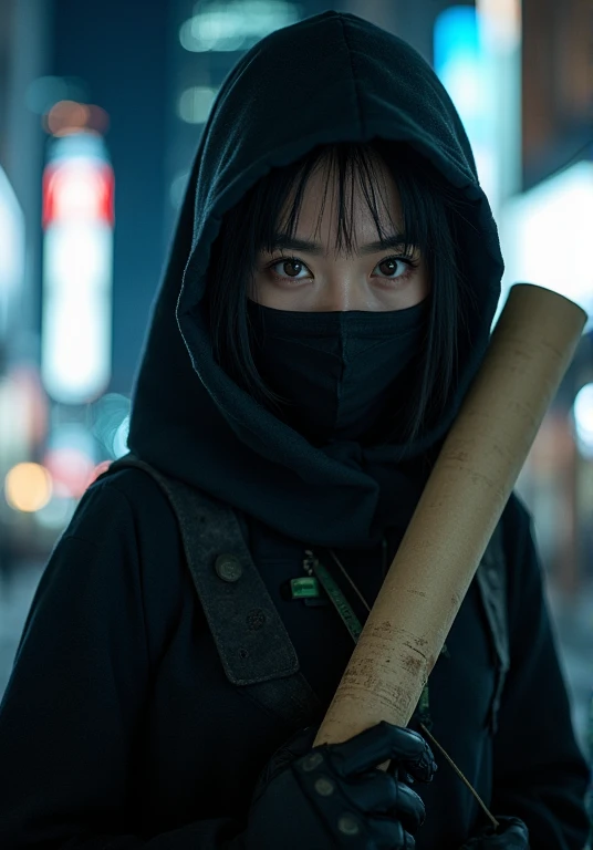  (((Female ninjas in the Edo period))),  (((The background is a modern metropolis ))), (( perfectly beautiful 20-year-old Japanese female ninja)),  (((A mask only visible to the eye))), ((( upper body picture))), ((( Mad Max holding a shotgun))),　(((I have...