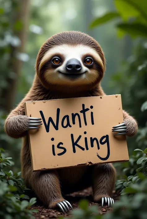 An real life sloth holding a piece of cardboard where it says Wantii is king