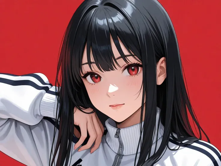 Anime girl with black hair and white jersey, red background 