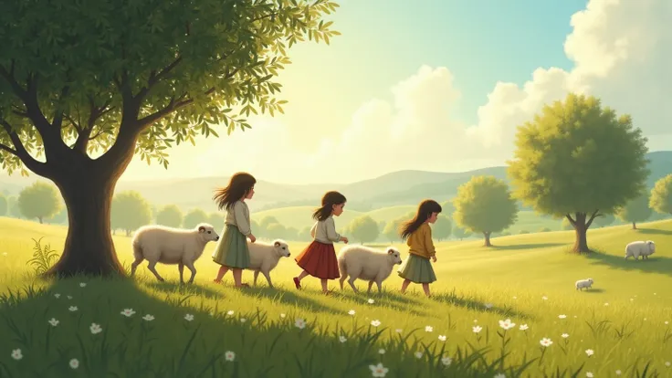 "Illustrate a peaceful morning scene in the small village of Fatima, Portugal. The sun is shining softly, and the wind is blowing gently through the leaves of the olive trees. Three ren, Lucia, Francisco and Jacinta, are walking carefree through the green ...