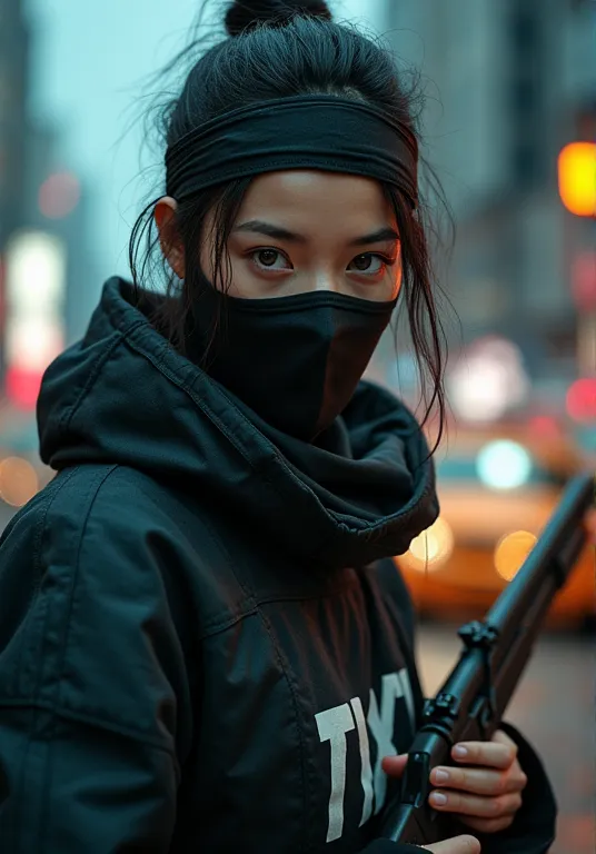  (((Female ninjas in the Edo period))),  (((The background is a modern metropolis ))), (( perfectly beautiful 20-year-old Japanese female ninja)),  (((A mask only visible to the eye))),  ((( wearing a headband ))), ((( upper body picture))), ((( Mad Max ho...