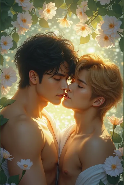 A extrem buff yet lean shirtless korean with a 8 pack abs sitting on and laying their back on a chinese male manager lap while in the bed, the chinese male has his hand on the korean's chest while kissing his neck the korean male is moaning , flowers