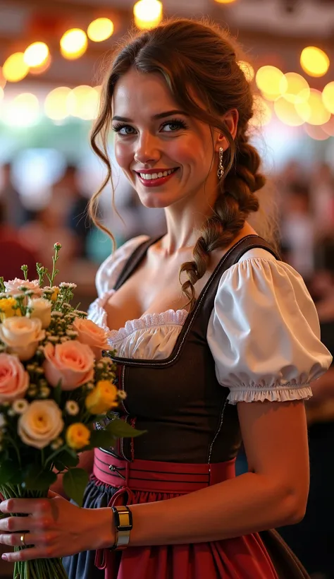 8K, HDR, ultra detailed, professional lighting, cinematic lighting, photorealistic,A German woman in a beautifully detailed dirndl dress, standing at an Oktoberfest celebration, holding a bouquet of flowers with a bright, shy smile.(Best masterpiece: 1.5)0...