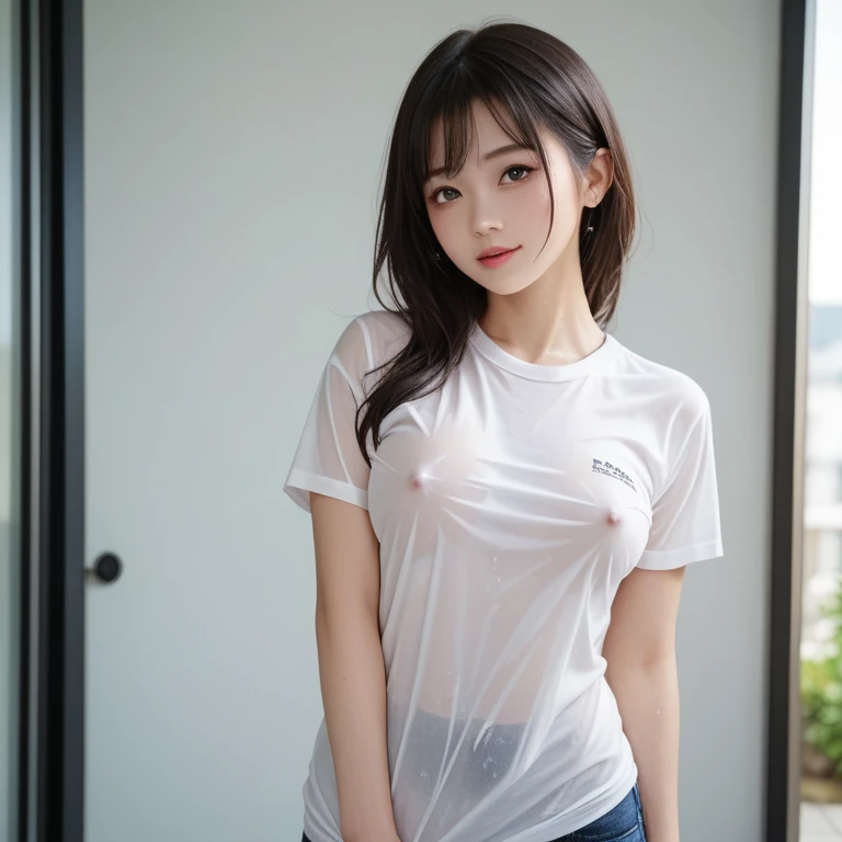  cute girl、whole body、 white t-shirt 、 wet t-shirt、Pull the bottom of the t-shirt to hide your crotch、 erect nipples、 soaked、 high quality、 high image quality、 real 、8k