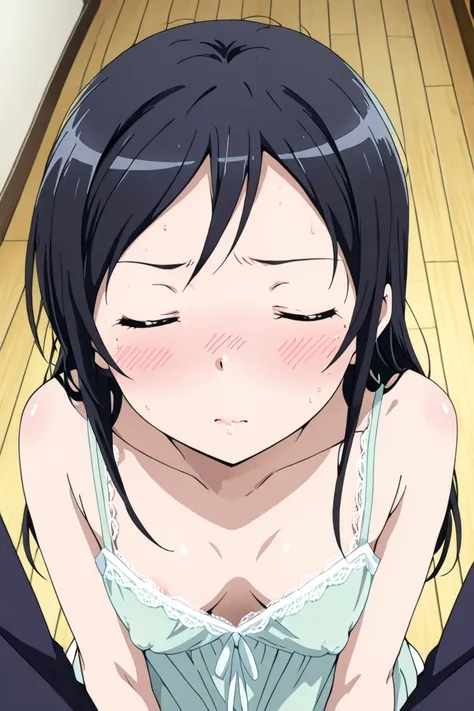 Ayase Aragaki,black hair,Lace Camisole nipple slip,closed eyes,looking up, embarrassed incoming kiss, extreme close up lips,from above　pov