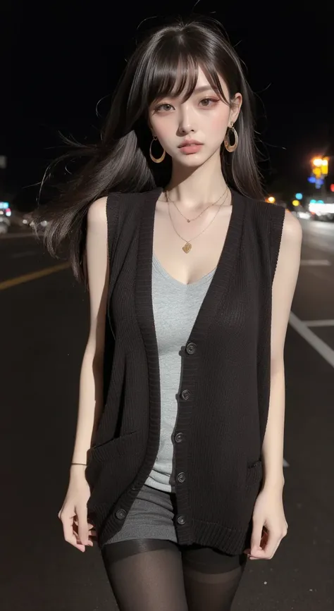 perfect figure beautiful woman，Layered Hair Style, (cardigan, sleeveless, pantyhose, (walking on street, at night, long shot)，Highly Detailed Face and Skin Texture，Whiten the skin, necklace, earrings, add_detail:1