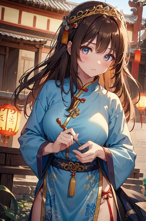 4K,High resolution,one girl,long brown hair,big breasts,ancient chinese bard,light blue fantasy cheongsam,princess tiara,Jewelry Decoration,,Ancient Chinese Villages