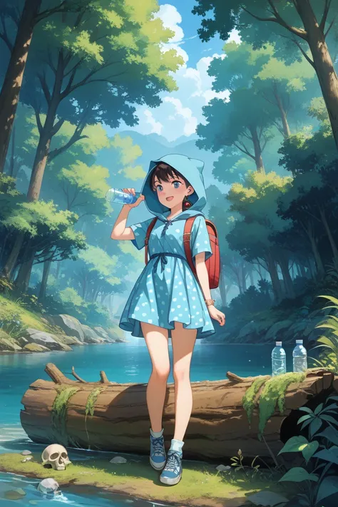  The character has a polka dot dress and brown {x} A character with a bone design crossing a skull drawn on a blue hood、 standing on a log covered with moss 。 The backpack has rolled up bedding and water bottles, etc. 、 characters are ready for adventures ...