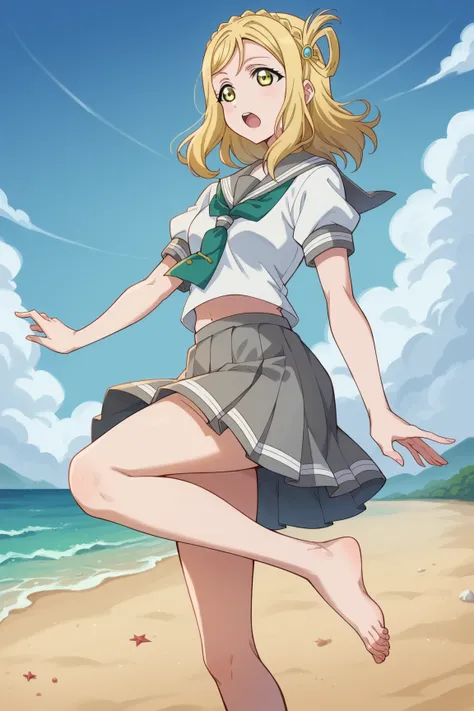 Mari Ohara,  long hair, bangs,   blonde hair,  hair ornament,  yellow eyes,  braided,   medium hair ,  hair ring, crown  braided,,  skirt by humili,  school uniform,  SHORT SLEEVE, skirt by humili,  serafuku, neckerchief,  knee-high, green  neckerchief, gr...