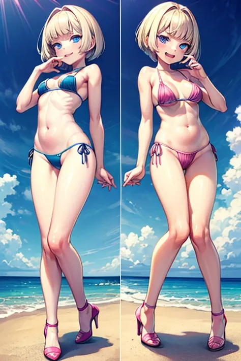 ((  a girl with blonde bob hair and blue eyes )),(( I'm wearing a navy blue bikini and 2 pink bikinis )),((  wearing high heels )),bangs,   , full body、 beach、Sunlight Streaks 、 Dynamic Poses 、Small handle with slim body、 frowns, Laughing/ good laugh,  and...