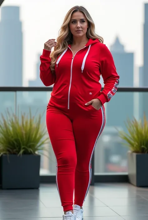 *"A high-quality, full-body image of a stylish woman with European features, a fit yet naturally curvy physique (size L/XL), long wavy blonde hair, and a confident yet soft expression, standing on a modern rooftop terrace with a panoramic city skyline in t...