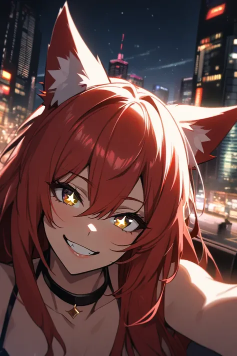  1 girl, solo,  Hi-Res,  long hair,  look,  smiles,  Bright Eyes ,  night city,tooth,adult,  seductive smile,   red hair ,  has sparkling eyes,  wolf ears, 