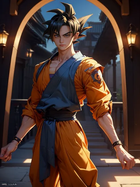 (masterpiece,best quality,ultra_detailed,highres,absurdres), (detailed shadow), (quality light), 1 (idol_male:1.9) (son_goku) (with bulge:1.2), 30-ish, (muscleale focus), (solo:1.5), short black Quiff hair with Soft Fringe (bangs part on side 3:7 ratio), (...