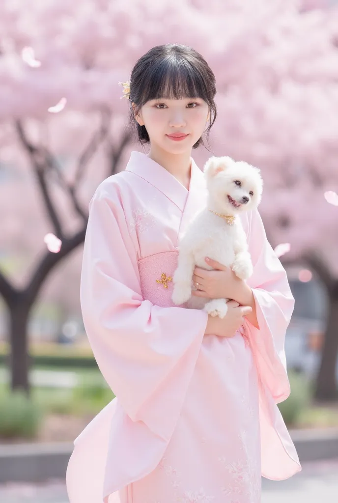  yukata，With a white toy poodle，Surrounded by cherry blossoms in full bloom ，  white skin，