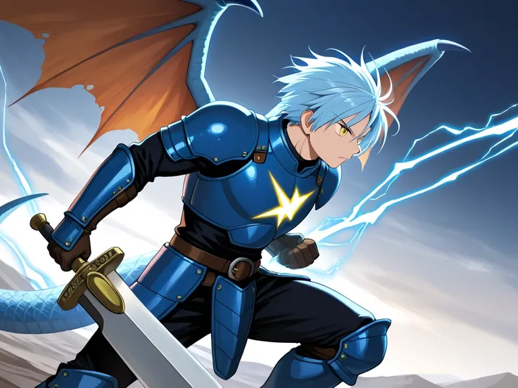 A male warrior with blue-blue dragon wings, light blue hair, yellow eyes, wielding a giant sword, not heavy armor, wielding lightning power, is doing a  protection posture.