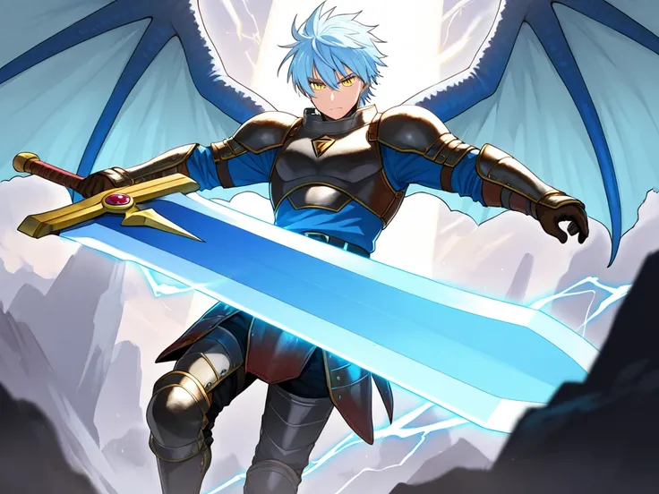 A male warrior with blue-blue dragon wings, light blue hair, yellow eyes, wielding a giant sword, not heavy armor, wielding lightning power, is doing a  protection posture.