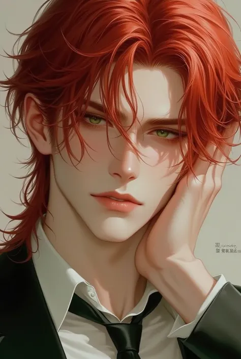  red hair ， long hair，Green Eyes，Beautiful man， look,  simple background,  Masterpiece,  high quality, 