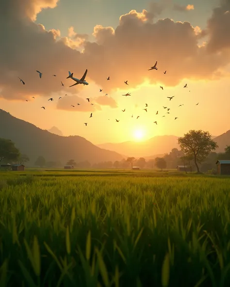 Indian farming cinematic farm evening, peaceful evening, birds flying above the farm , greenary cinematic, big grass farm, big orange sun , realistic small airoplane flying at large distance 