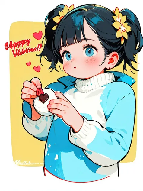  Valentine's Day , girl eating chocolate, Watercolor painting, 