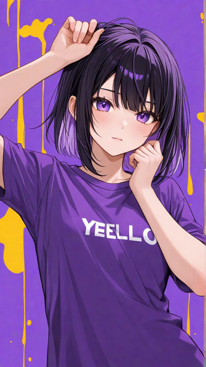 Amine girl with balck hair and white and purple t shirt, yello background 