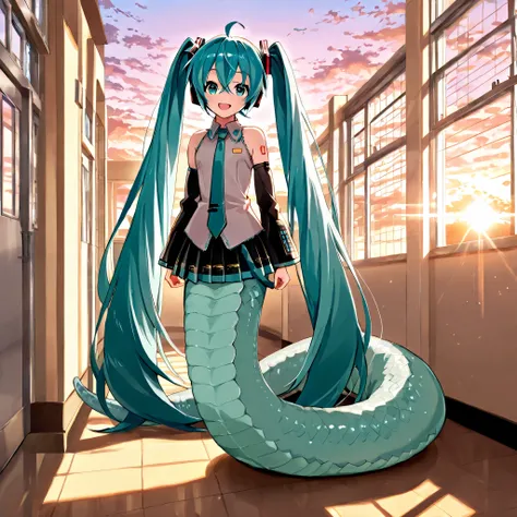 score_9, score_8_up, score_7_up, [1girl, ((lamia:1.2)), ((aqua scales)), relaxed tail, light blue eyes, school, full body, standing, sunset, happy, (not looking at user:1.2), PonyScores, (thick and long tail:1.1), (miku hatsune, ahoge, aqua eyes, aqua hair...