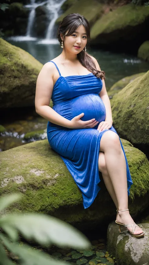 masterpiece, Best Quality, 8K,looking at the viewer,Japanese Lady,20 years old, huge pregnant, Voluptuous, waterfall background, suede dress, sitting, hime cut hairstyles 